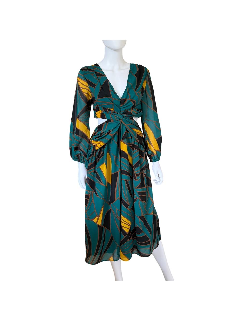 Ranna Gill XS Anthropologie Printed Cutout Midi Dress Twist Front Long Sleeve